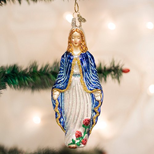 Virgin Mary Glass Ornament - Handcrafted Religious Holiday Decoration, 6.25 In - Blue & White