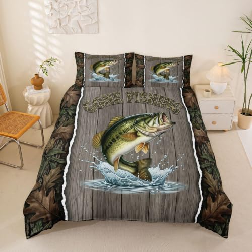 Fishing Hunting Duvet Cover Set Queen Size Rustic Cabin Bedding 3Pcs - Green Grey No Comforter