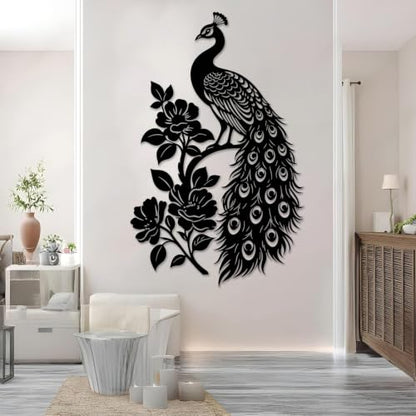 Peacock Metal Wall Art with Peonies - Black, 30 x 19 inches Wall Decor
