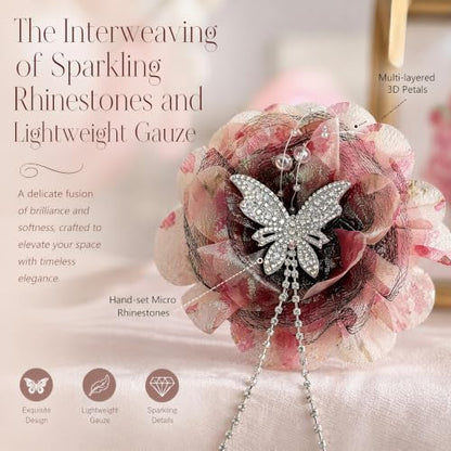 Dark Pink Organza Curtain Flower Clips with Butterfly Decor - 4 Pack