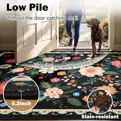 Entryway Rug 2x3 Black Floral Washable Non-Slip Indoor Mat - Home Decor