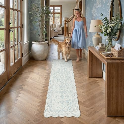 PureCozy 2' x 6' Scalloped Blue Runner Rug - Vintage Tribal Style, Non-Slip, Durable Indoor Carpet