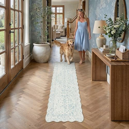 PureCozy 2' x 6' Scalloped Blue Runner Rug - Vintage Tribal Style, Non-Slip, Durable Indoor Carpet