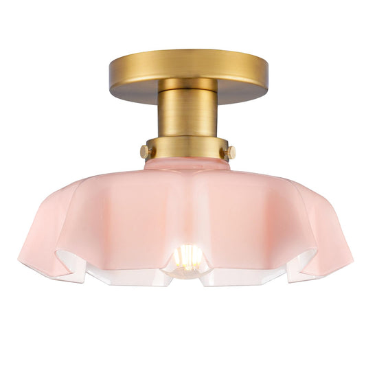 Semi Flush Mount Ceiling Light, Vintage Pink Glass Ceiling Light, Brass Pink Flush Mount Lights, Indoor Close to Ceiling Light, Flower Kitchen Lighting for Entryway Bathroom Porch Corridor