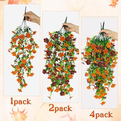 Artificial Fall Flowers - 4 Pcs Hanging Silk Bouquets for Outdoor Decor