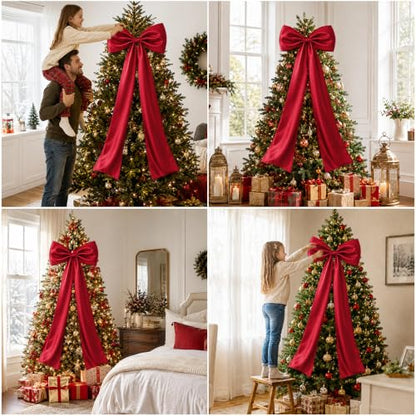 Extra Large Christmas Tree Topper Bow - Red Satin 20x47 Inches Holiday Decor