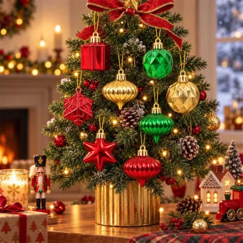 Emberlane Christmas Tree Ornaments Set - Red, Green, Gold Mixed Shapes, 1.57"
