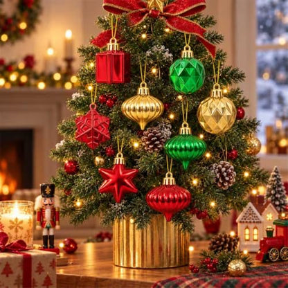 Emberlane Christmas Tree Ornaments Set - Red, Green, Gold Mixed Shapes, 1.57"
