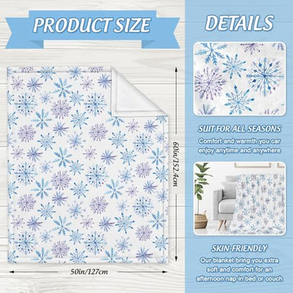 Christmas Snowflake Fuzzy Throw Blanket - Blue & Purple Watercolor Winter Decor, 50x60 Inch