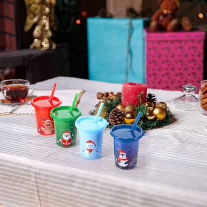 Christmas Plastic Cups with Straws and Lids - 10 Oz 12 Pack
