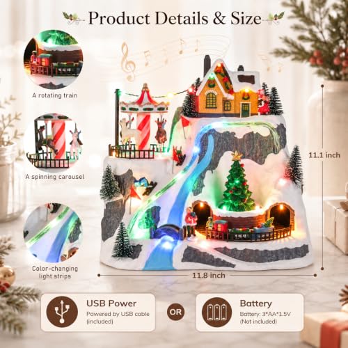 VCUTEKA Christmas Village Houses with Ski Slope, Moving Train & Carousel - Ski Peak Variation