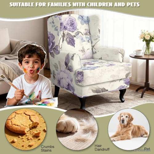 Retro Purple Floral Wingback Chair Cover 2-Piece Slipcover with Elastic Bottom