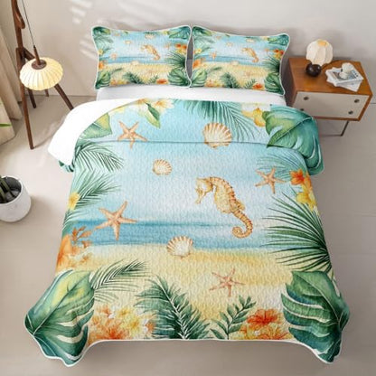 Cozy Twin Size Coastal Seahorse Quilt Set with Pillowcases - Green Blue