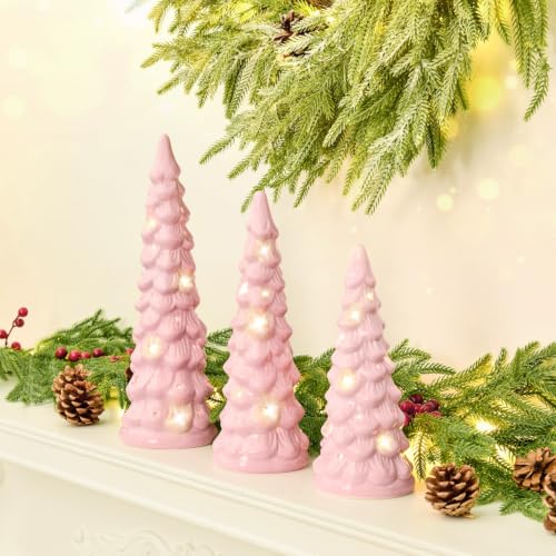 Pink Ceramic Christmas Trees Light Up Set of 3 - Holiday Decor