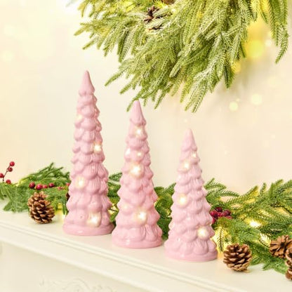 Pink Ceramic Christmas Trees Light Up Set of 3 - Holiday Decor