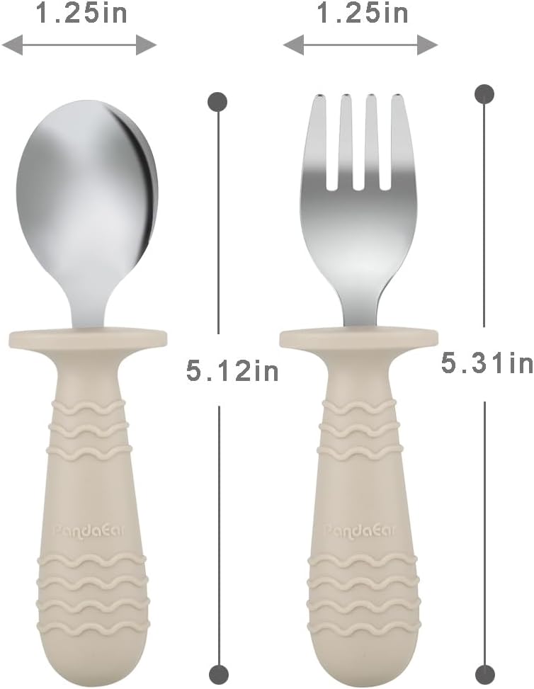 PandaEar Baby Toddler Utensils Set - 6 Pieces Silicone & Stainless Steel Forks and Spoons | BPA Free, Anti-Choke Design (Blue, Green, Beige)