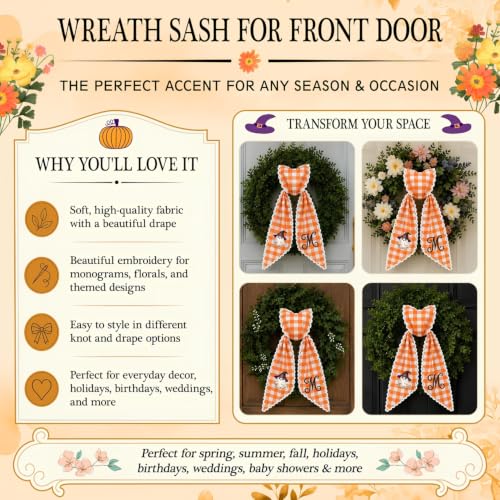 Personalized Fall Wreath Sash with Monogram, Pumpkin & Sage Stripe - Pumpkin Fall