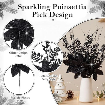 Black Glitter Artificial Poinsettia Picks - Christmas Decorations, 4 Pack
