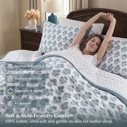 Reversible Cotton King Size Quilt Blue & White Patchwork 106x96