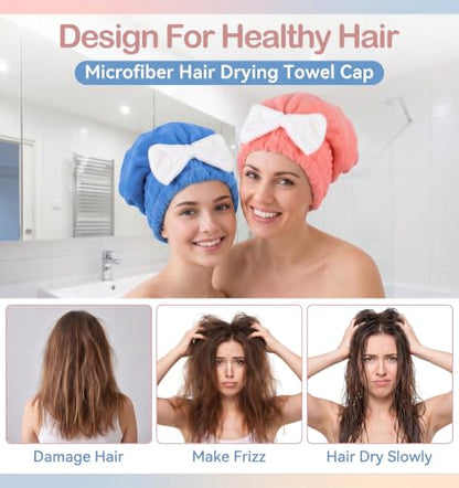 2 Pack Coral Velvet Hair Drying Caps with Bow Knot - Soft & Adjustable