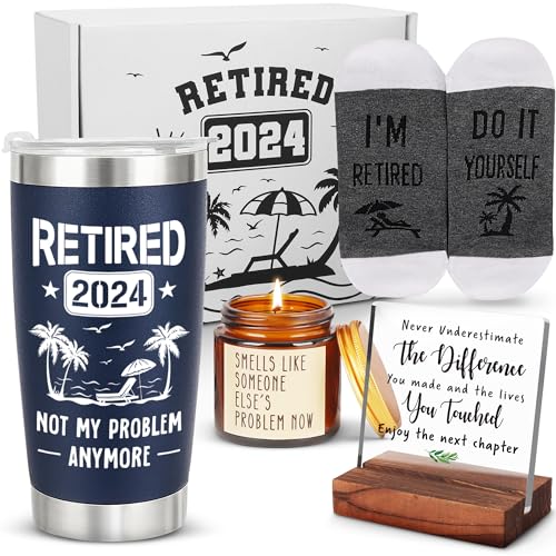 Retirement Gifts for Men 2024, Funny Happy Retirement Party Decoration Gifts for Men, Retired Goodbye Gifts for Coworker Boss Teacher, Men Retirement Tumbler Cup Socks Candle Decoration Sign Gifts Set