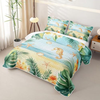 Cozy Twin Size Coastal Seahorse Quilt Set with Pillowcases - Green Blue
