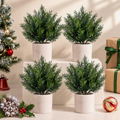 4 Pack Mini Artificial Cedar Bush for Christmas - White, Farmhouse Decor