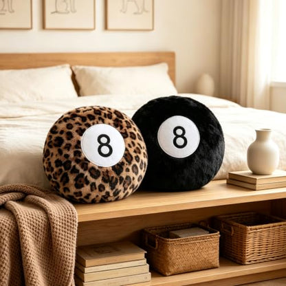 2 Pack Round Plush Throw Pillows - Black and Cheetah Print Billiard Ball Shape