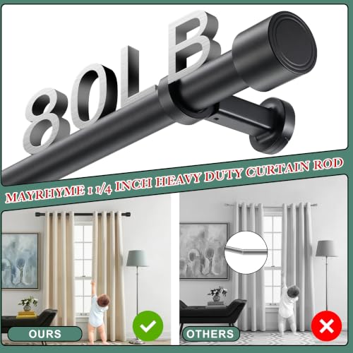 Heavy Duty 48 Inch Curtain Rod Set - Black with Solid Aluminum Finials & Brackets
