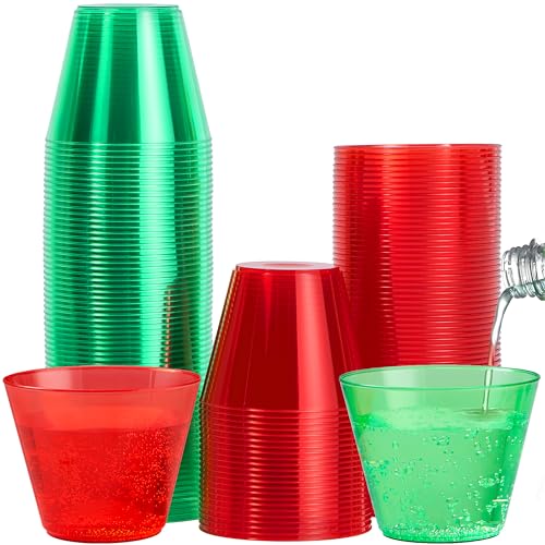 144 Pack Christmas Clear Disposable Plastic Cups - Red & Green 9oz Bulk Drinking Glasses