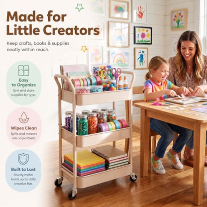Beige 3-Tier Rolling Diaper Caddy Cart with Wheels & Removable Dividers - Baby Organizer