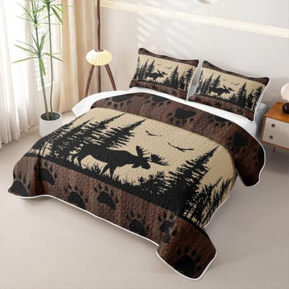 King Size Rustic Cabin Quilt Set with Moose and Pine Tree Prints - Beige Brown Black Variation