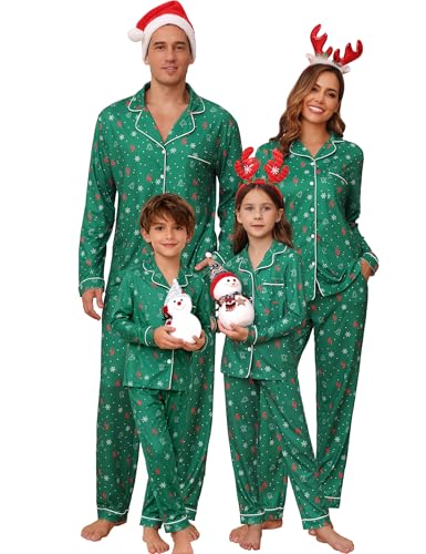 Kids Christmas Pajama Set - Snowflakes Green, Family Matching Sleepwear