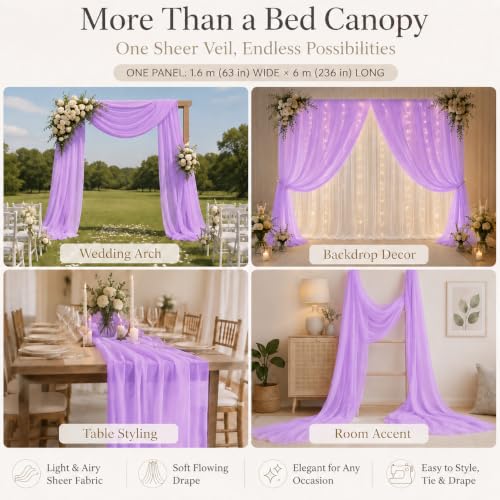 Purple Bed Canopy Curtains, Sheer Mesh Drapes for Bedroom Decor - 63"W x 236"L, Pack of 2