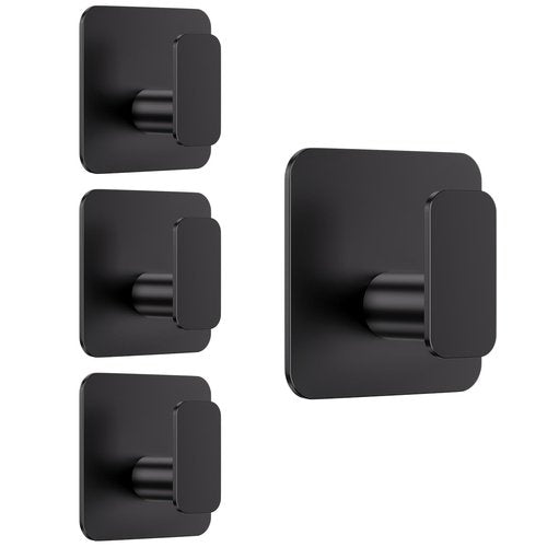 Aikzik Black Hooks for Hanging Heavy Duty, Adhesive Hooks for Shower, Bathroom, Kitchen, Robe, Towel, Coat, Waterproof & Rustproof Hook for Walls No Damage, Sticky Wall Towel Hooks - 4 Pack