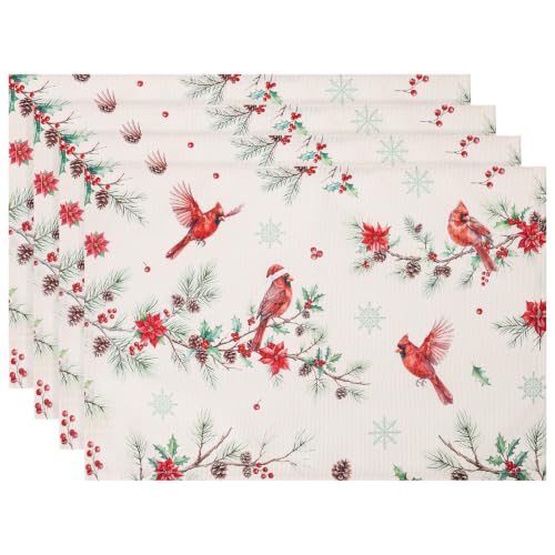 Red Cardinal Bird Christmas Placemats Set of 4 Water Resistant Holiday Table Decor