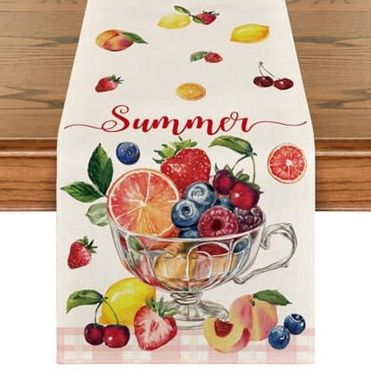 Seasonal Table Runner 13x36 Inch - Strawberry Blueberry Cherry Fruits Design - Beige Pink Summer Dining Decor