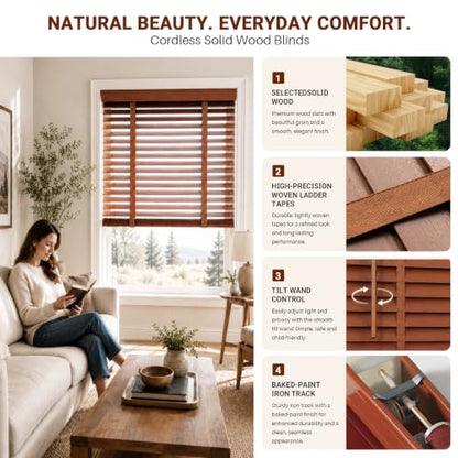 Dark Walnut Custom Size Wooden Blinds - Cordless Venetian Window Shades with 2" Slats for Room Darkening & Privacy