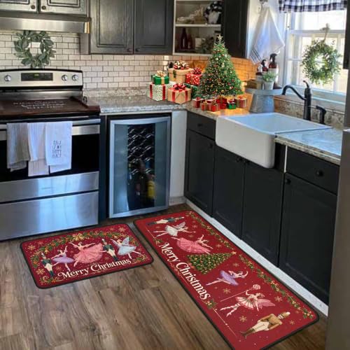 Nutcrackers Merry Christmas Kitchen Rugs Set of 2 Red Nutcracker Christmas Decor Low Profile Winter Mats - Red 2
