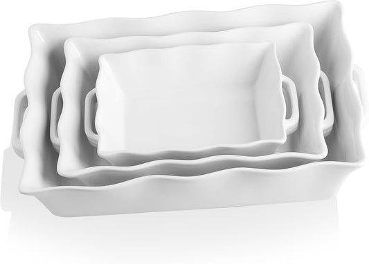 Sweejar Casserole Dishes - Ceramic Bakeware Set of 3 | Rectangular Baking Dish with Handles, White