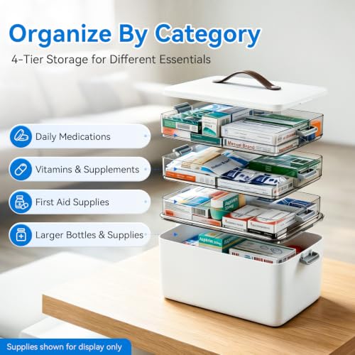 4-Tier Medicine Organizer Box with Handle & Side Latches, Large Capacity