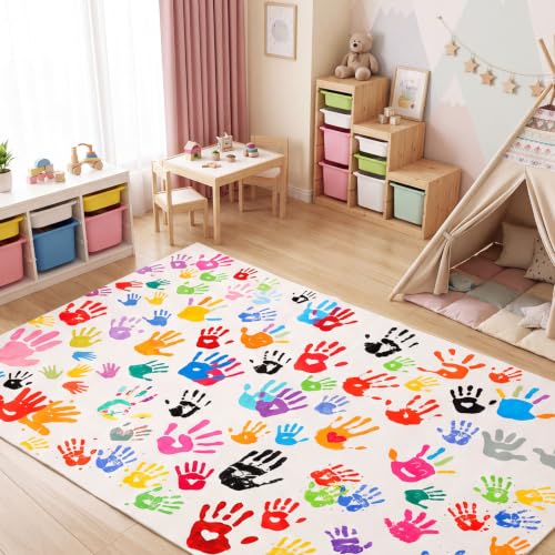 Colorful Handprints Classroom Rug 6x9 ft Washable Playroom Mat - Large Area Rug for School
