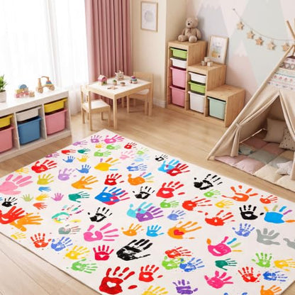 Colorful Handprints Classroom Rug 6x9 ft Washable Playroom Mat - Large Area Rug for School