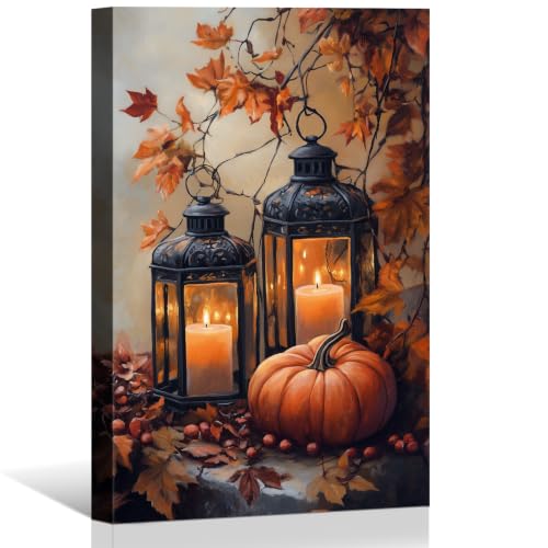 Fall Pumpkin Canvas Wall Art with Lanterns & Maple Leaves - 24x16 Inches - Rustic Autumn Decor