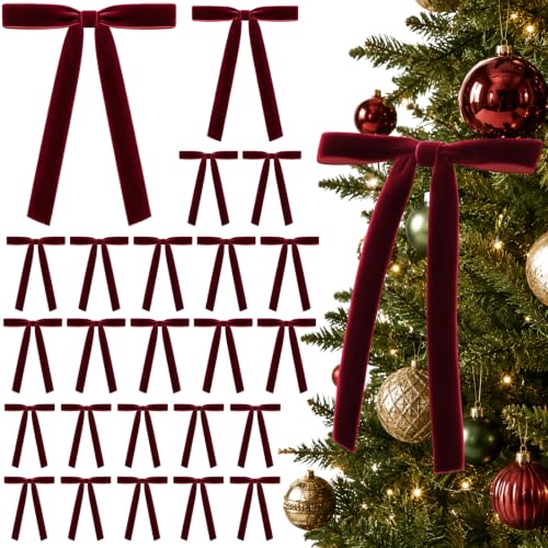 Milimot Burgundy Velvet Christmas Bows Set - 24 Pre-Tied 5x7 Inch Decorations with Gold Ties
