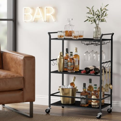 VASAGLE Black Matte Bar Cart with Wheels, Wine Rack & Glass Holder - 12.6"W