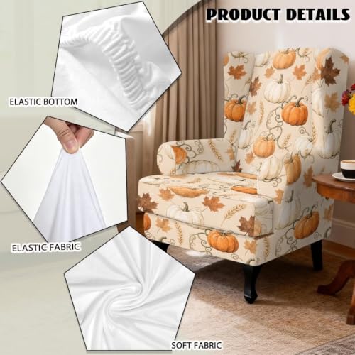 Fall Pumpkin Wingback Chair Slipcover Set - Beige Autumn Decor with Pattern