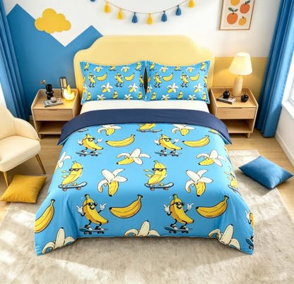 Queen Size Cotton Duvet Cover Set - Yellow Banana & Bright Blue Tropical Fruits, 3 Piece with Pillowcases, Variation: Blue Yellow / Queen