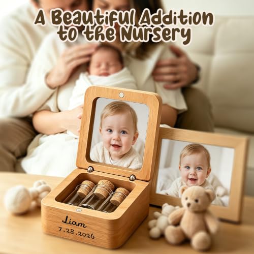 KDY Personalized Baby Keepsake Box - Custom Engraved Wooden Memory Box with Photo Display - Raw Walnut Wood