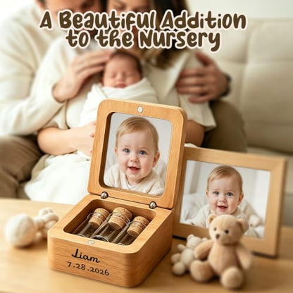 KDY Personalized Baby Keepsake Box - Custom Engraved Wooden Memory Box with Photo Display - Raw Walnut Wood